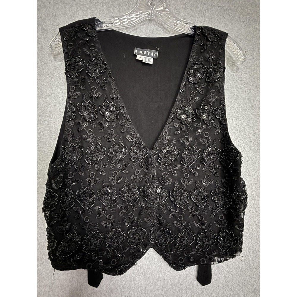 Faith‎ Vest Womens Medium Black Beaded Sequin Floral Button Front Tie Back Party